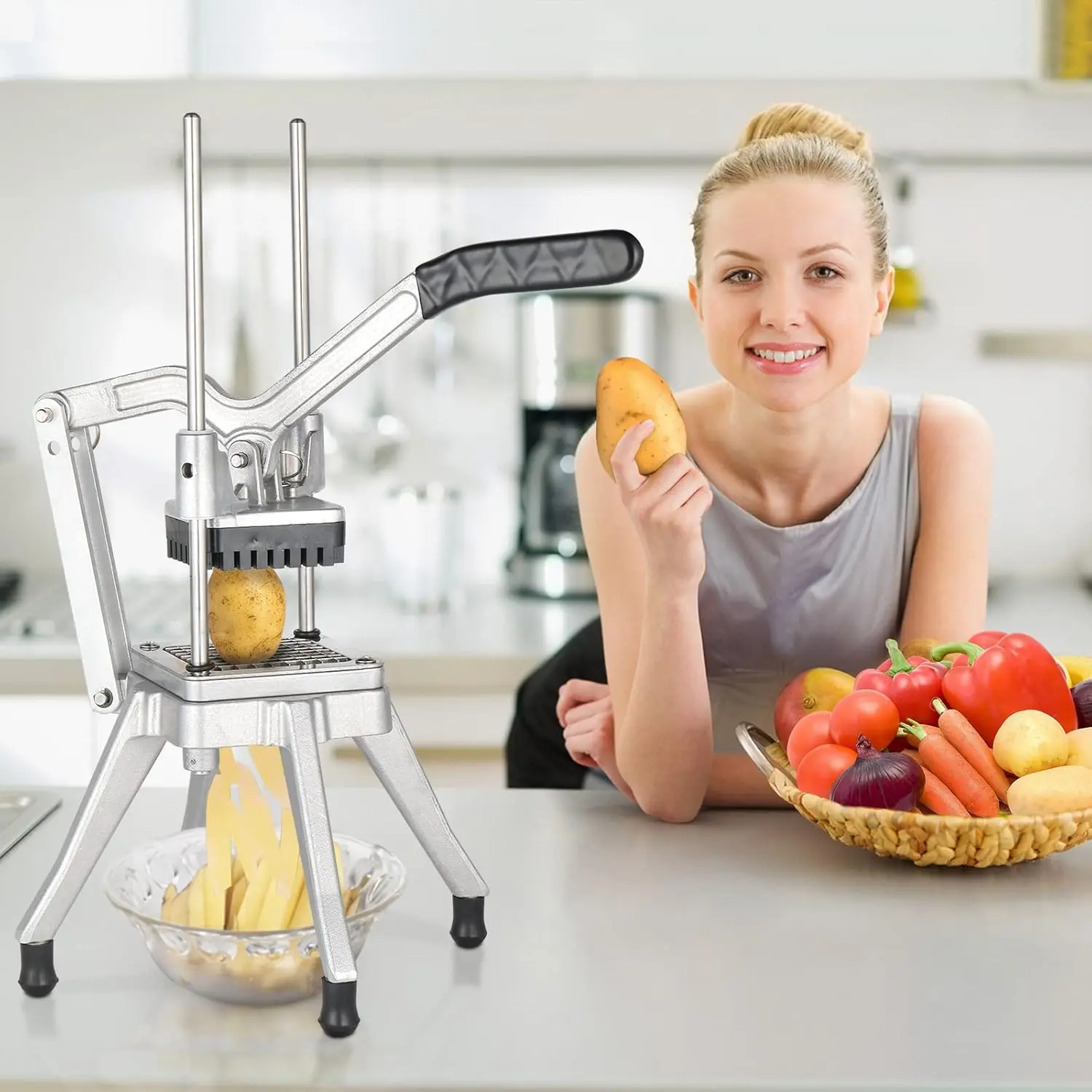 ROVSUN Commercial Stainless Steel Vegetable Chopper French Fry Cutter – Kitchen Gadgets Utensils, Vegetable Cutting Slicer with 4 Detachable Blades (1/2", 3/8", 1/4", 8-Wedge), Pusher Blocks for Home & Restaurants, Mini Food Processors & Choppers, Detacha