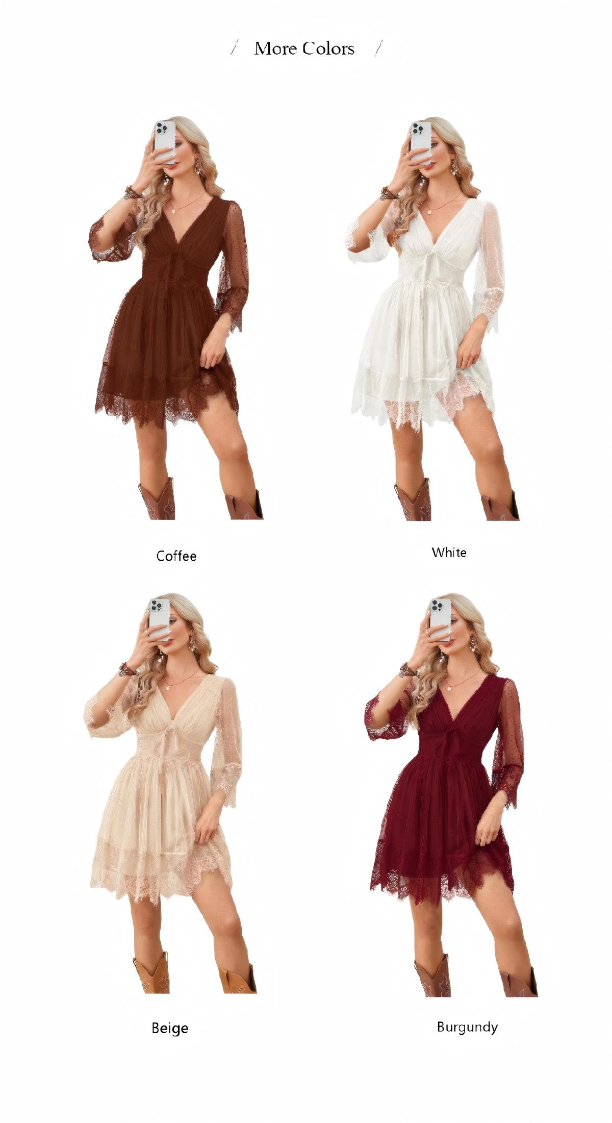 Florboom Women's Boho Sheer Lace Mini Dress – Deep V-Neck with Bow Tie & Ruffle Sleeves,Easter dress, Polka Dot Vintage Western Style Party Dress for Festivals & Date Nights Womenswear