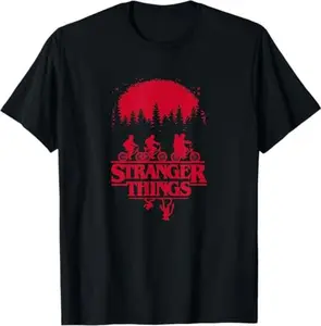 Stranger Things Group Shot Bike Ride Upside Down Silhouette T-Shirt