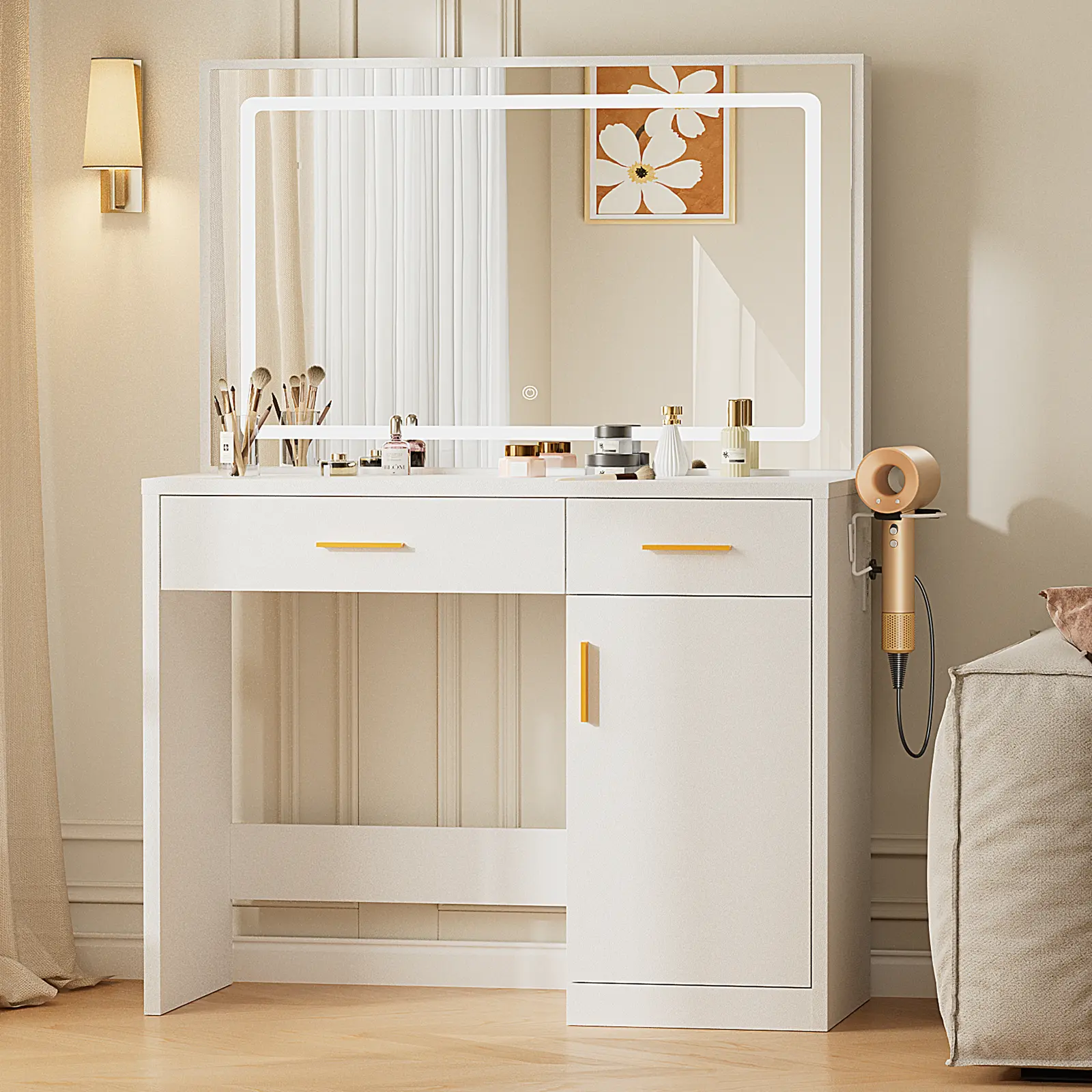 Vanity Desk with 35.4" LED Mirror and Lights, Makeup Vanity Table with Charging Station (2AC/USB/C), 2 Drawers & Large Cabinet, 3 Lighting Color Adjustable, Dressing Table