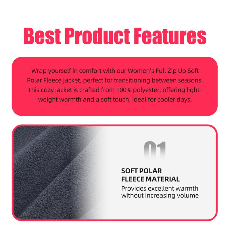 Women’s Polar Fleece Jacket with Pockets Full Zip Up S-3XL Regular & Plus Long Sleeve Lightweight Warm Coat Spring Fall Winter Activewear Womenswear