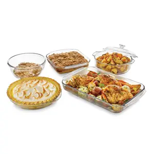 Libbey Baker’s Basics 5 Piece Glass Baking Dish Set with 1 Lid, Stackable, Clear Versatile Casserole Dish Set, Baking Glassware Set for Food Prep