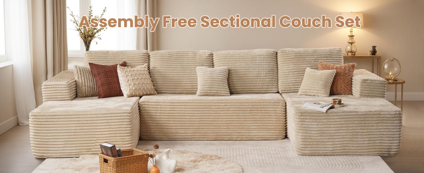 ModMood Compress Sofa Sectional 133x70" Oversized Corduroy Cloud Couch U-Shaped Modular Set with Chaise Ottoman 7 Pillows No Assembly Required Soft Plush Modern Modular Living Room Essential