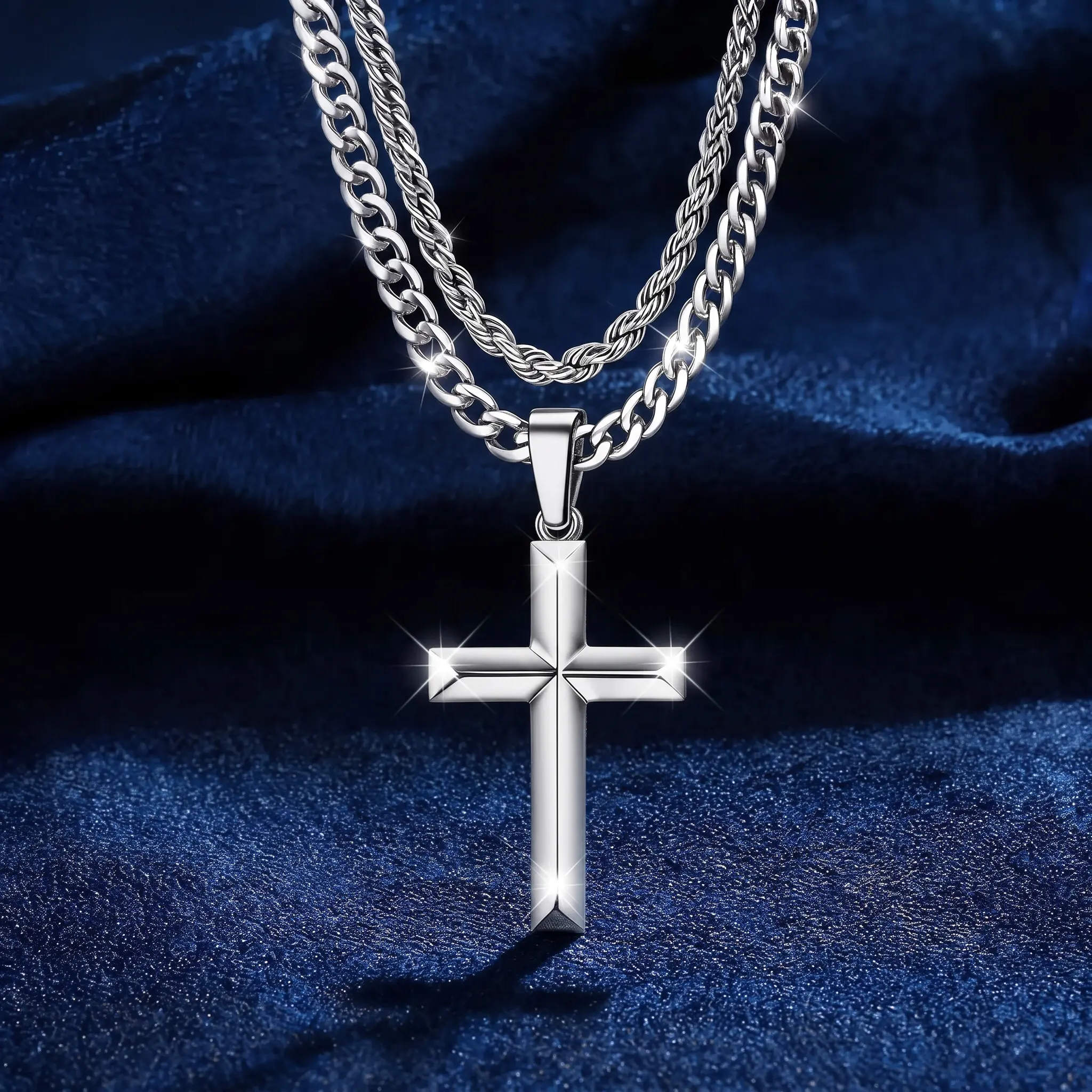 Men's 2-Piece Stainless Steel Layered Cross Necklace Set - Cuban Link & Rope Chains, Chains with Pendants, Hypoallergenic Antioxidant Colorfast Jewelry, Daily Wear Geometric Design, Christmas Gift, Valentine's Day