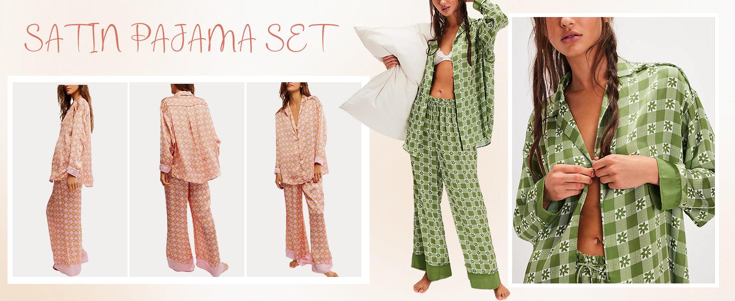 Yimoon  2 Piece Satin Pajama Set for Women Silk Pajamas Set  Floral Pj Set Long Sleeve Button Down Pjs Sleepwear