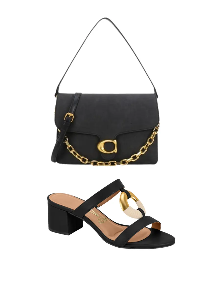 2PC Vizzano  Strappy Block Heel Sandals with Gold Accents and Handbag set - Elegant Summer Shoes 2025 Crochet Woven Raffia-Effect & Faux Leather Insole Comfortable Lightweight Mules for Casual Chic Looks