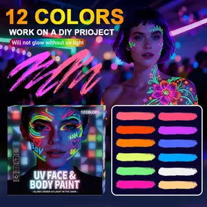 12 PCS Glow Face Body Paint, Glow In The Dark Under UV Black Light pens Makeup Neon Face Painting Kits for Glow Party Favors Easter Basket Stuffers, Washable Temporary Tattoo Markers