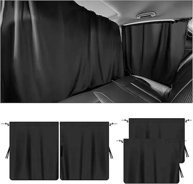 Car Privacy Curtain Partition - Solid Blackout Sun Shade for Sedans, SUVs, Vans Rear Seat, Removable Vehicle Accessories for Camping, Baby Naps, Auto Accessories, Cars Accessories, Drawstring