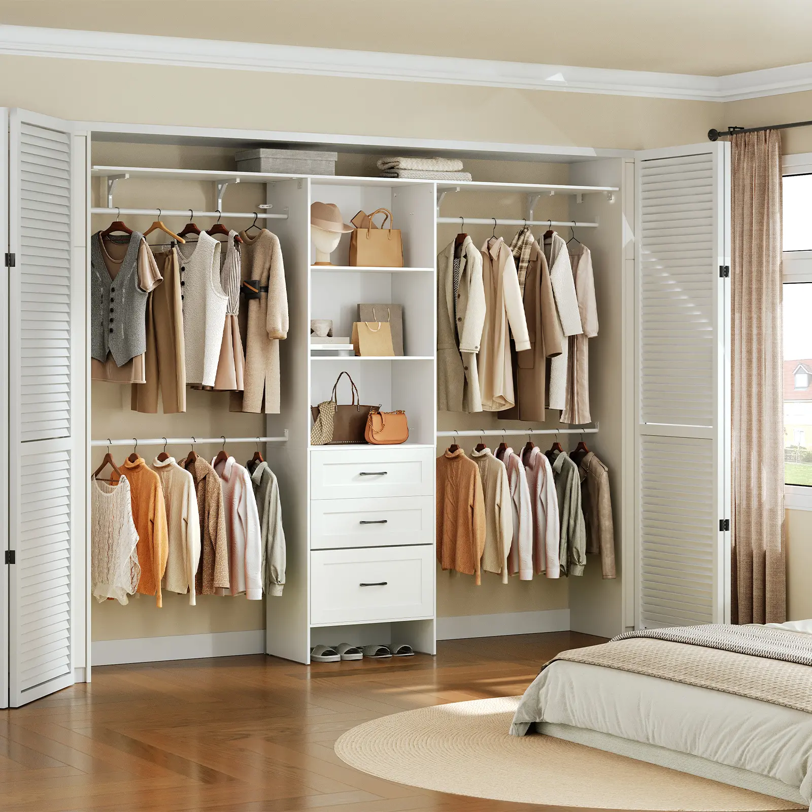 HOOBRO Multifunctional Storage Wardrobe，Closet with Hanging Rods, Closet Storage System, Closet System with 3 Drawers, Walk-in Wardrobe Organizer, Garment Rack, for Bedroom Cloakroom, White