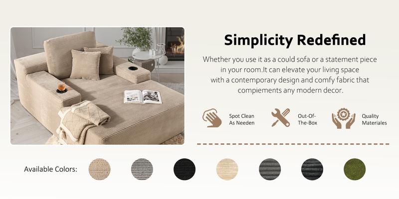 【Jumpstart Sale】Ovios 67'' Boneless Chaise Lounge Chair with Cup Holders, Oversized Upholstered Sofa Bed, Sleeper Couch Reading Chairs Fluffy Plush Corduroy Cloud Sofas Couches Living Room - No Assembly Required
