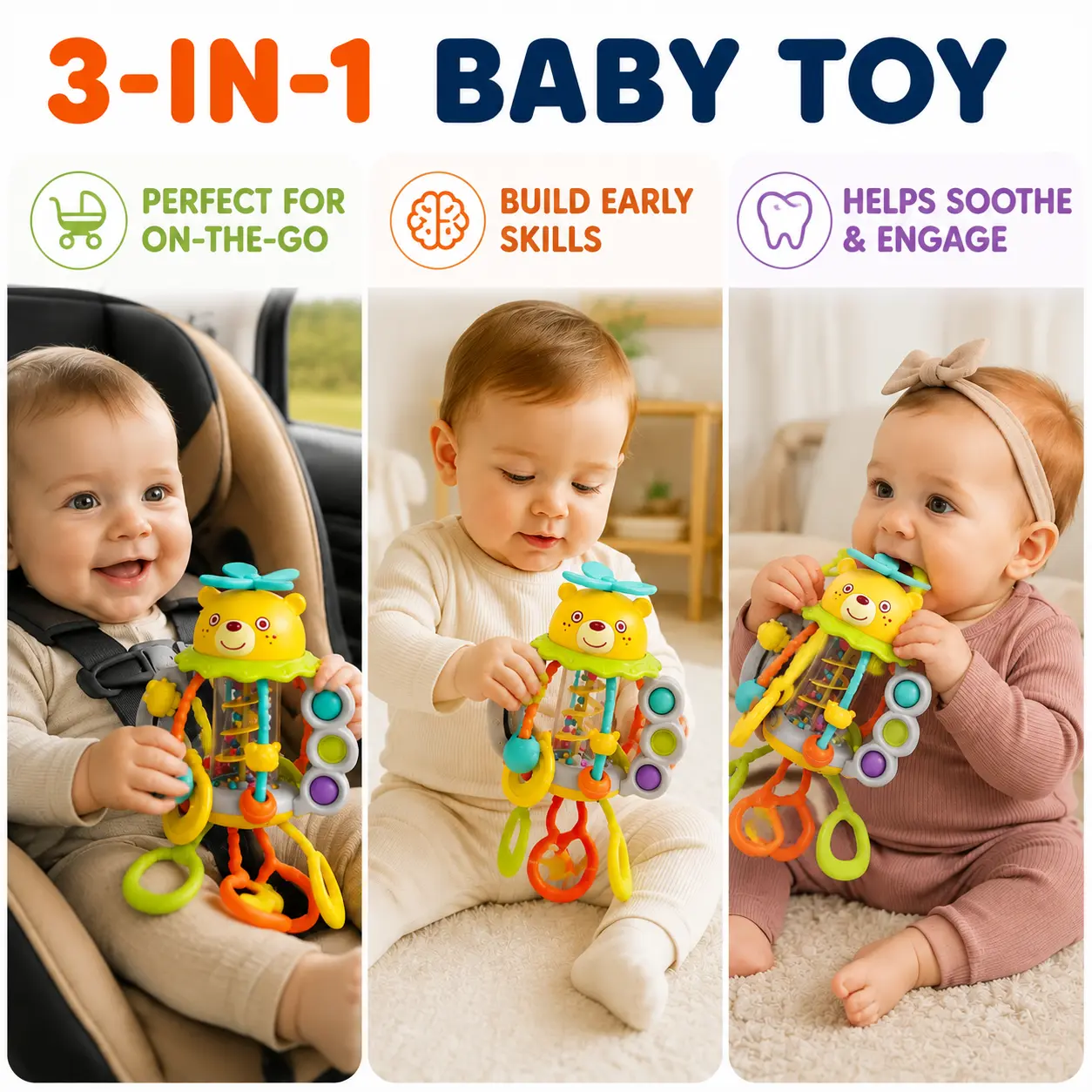HOLA Baby Multi-Sensory Pull-Along Rattle Teething Toy - Silicone Pull String Teether, Montessori Activity Toy, Baby Items for Travel & Car Seat, Rain Sound Teething Relief Gift Set for Toddlers,back to school