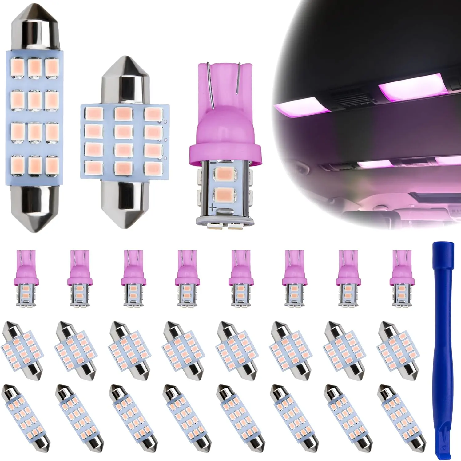 24 PCS Interior Led Dome Lights for Cars, 194 T10 DE3175 578 31mm 42mm Bombillas Led Para Carro, Car Accessories for Car Map License Plate Door Side Marker Cornering Trunk Light (Pink Purple)