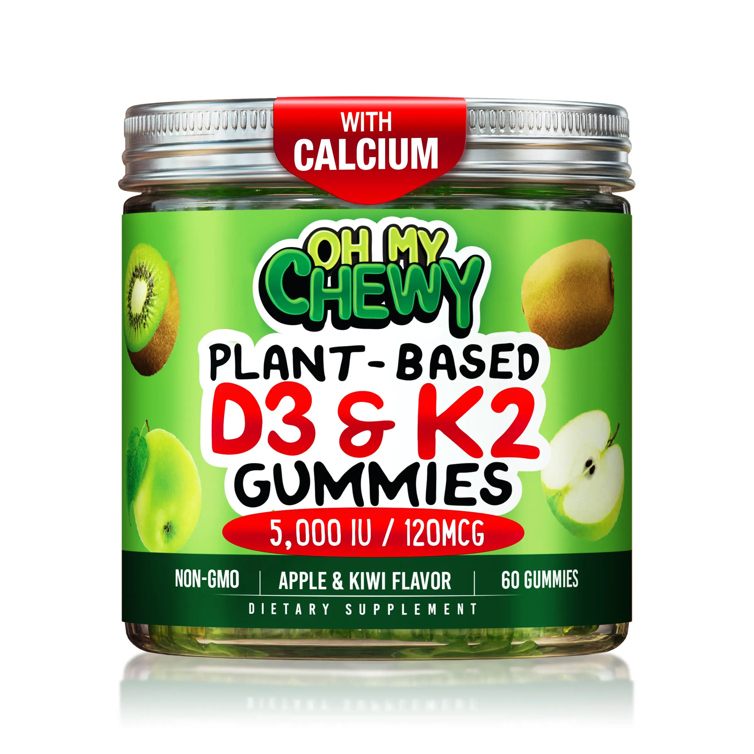 OH MY CHEWY Chewable Center-Filled Vitamin D3-K2 & Calcium Gummies - 5000IU D3, 120mcg K2, 120mg Calcium - Bone & Teeth, Immune Support - Vegan, Non-GMO Dietary Supplement