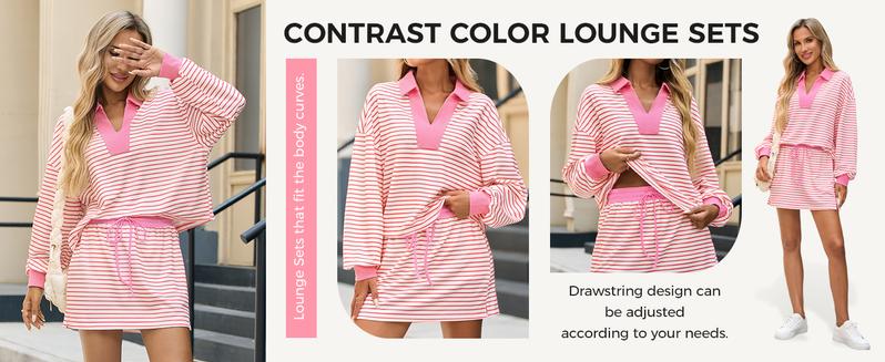 Fisoew Striped 2 Piece Outfits Casual Sweatshirt Skirt Set Long Sleeve Skort Workout Set Matching Lounge Sets Women's Matching Sets Women #Springtok #TikTokShopHolidayHaul #TikTokShopJumpstartSale Fabrics Elastic two piece set Elegance Shorts