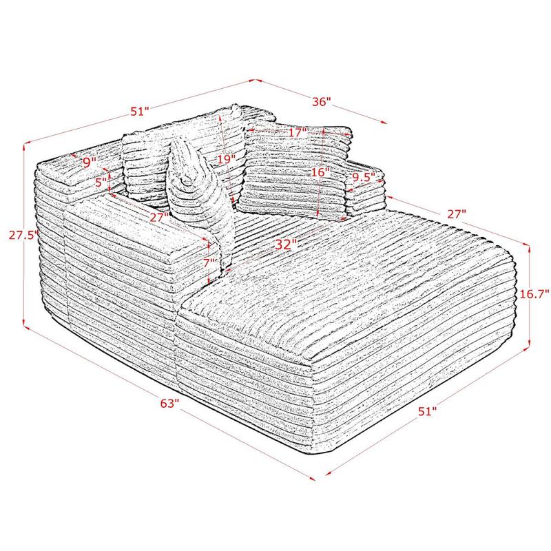 Living Room Compressed Chaise Lounge Foam Sofa bed, Fluffy Corduroy Upholstered Cloud Couch with Deep Seat, Blue