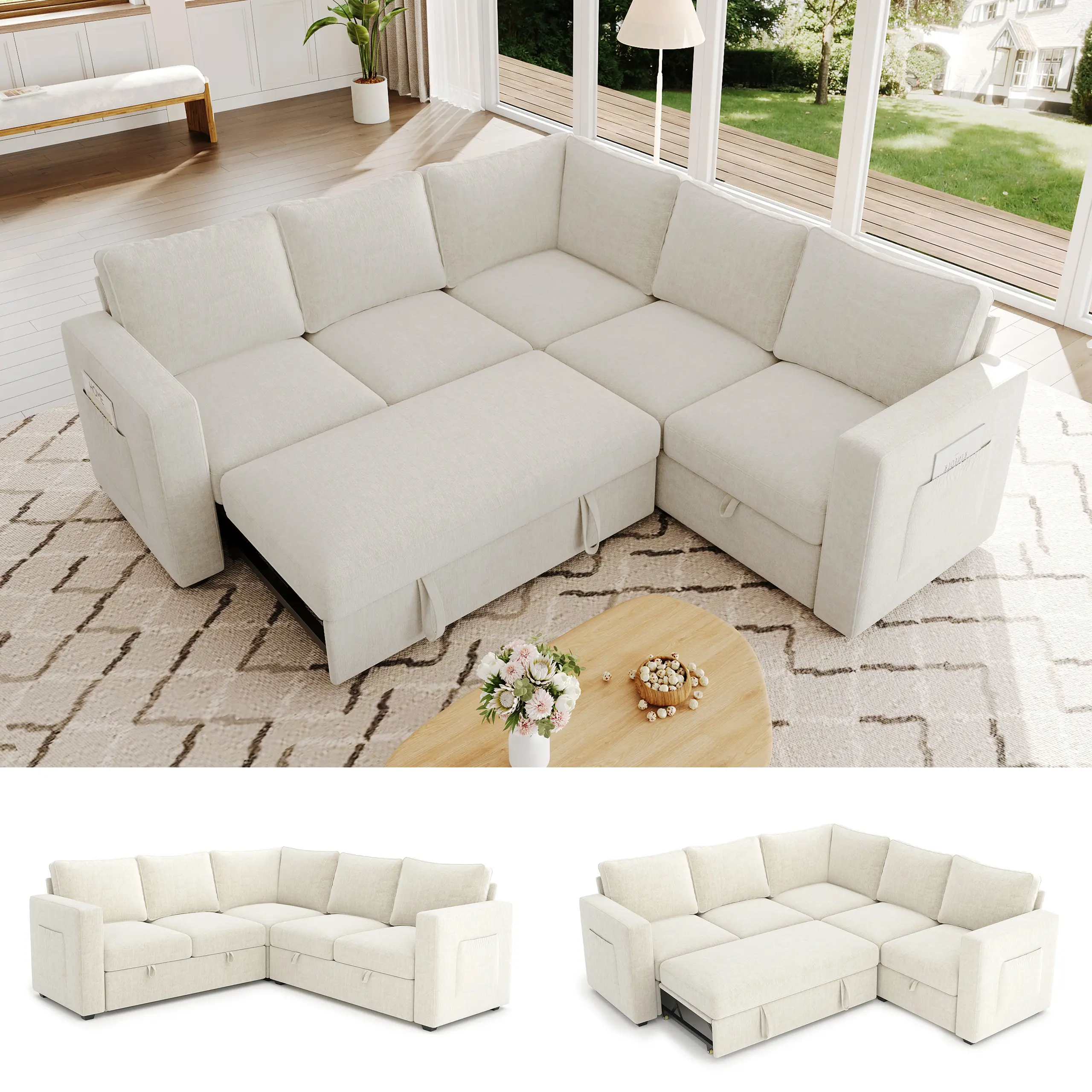 【3-4 Packages】83.5" Sectional Sleeper Sofa with Pull Out Couch, Modern 5 Seat L Shaped Modular Couch, Sectionals Modular Sofa with Storage, Comfy Sectional Couches for Living Room & Apartment