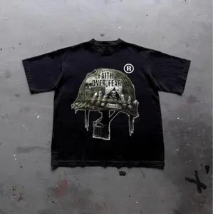 Grunge  Emo Scene War Helmet Faith Over Fear Graphic Cotton T-Shirt Unisex Goth Style Apparel