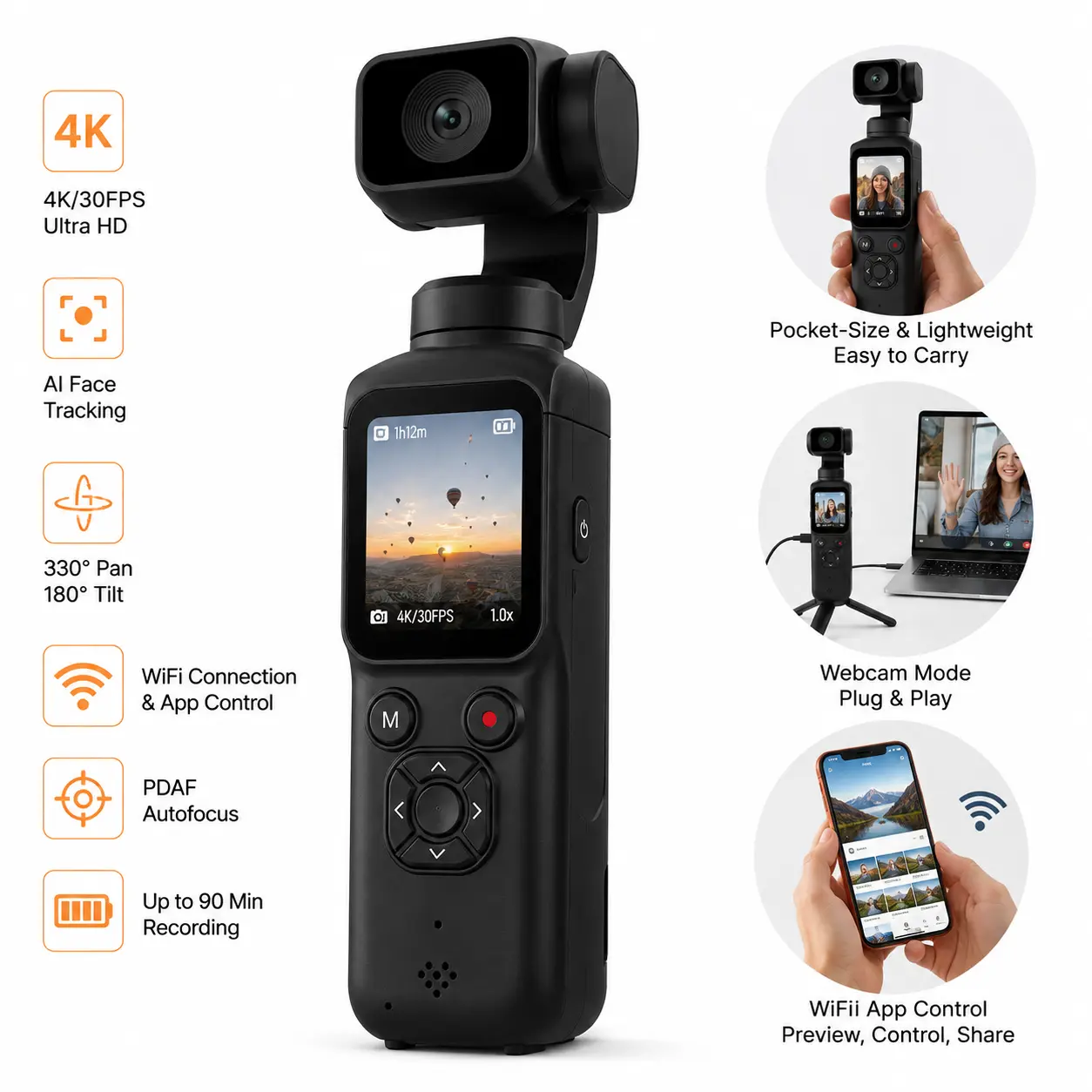 Compact Video Camera - USB Rechargeable Camcorder, Portable Recorder, Recording Equipment, Rotating Lens, 1.72" Touch Screen, Subject Tracking, Face Focus, Wireless Connectivity, 32GB Memory Card, Tripod for Vlogging, Travel