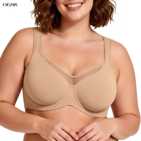 OEAK Minimizer Unlined Comfort Bra Mesh Plus Size Underwire Non-padded Wide Strap Full Coverage Bra for Big Busted Women T-shirt Bra