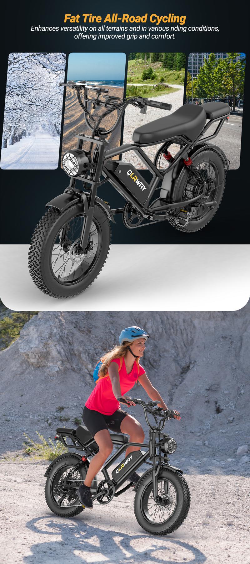 【 VOLTVOGUE】1500W Electric Off-Road Bike: 20-Inch Full-Suspension E-Motorcycle with 48V 18Ah Removable Battery, 31MPH Top Speed, 40-55 Mile Range, 2-Seater, LED Headlights & 20" All Terrain Fat Tire UL 2849