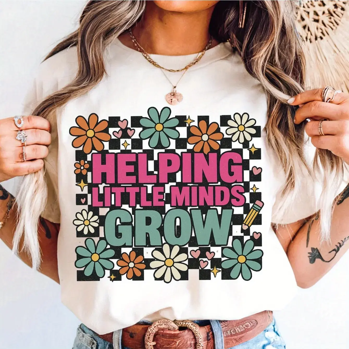 Women's Cotton Printed "Helping Little Minds Grow" Floral Print Tshirt - Soft Beige & Green Short-Sleeve Regular-Fit Casual Work Top for Kindergarten Teachers, Breathable All-Season Educational Shirt