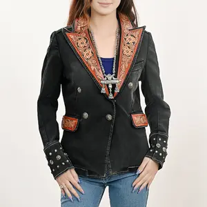 American Darling Genuine leather Hand tooled carved Women 100% cotton Denim Blazer dress jacket ladies | Vintage