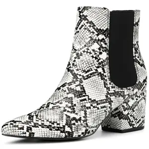 BLISSFUL STEP Women's Snake Print Boots Pointed Toe Chunky Heels Ankle Boots