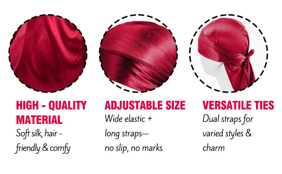 Silky Durags for Men Wave Pomade Strong Hold Easy Wash 360 Wave Turban Hats Workout Hat