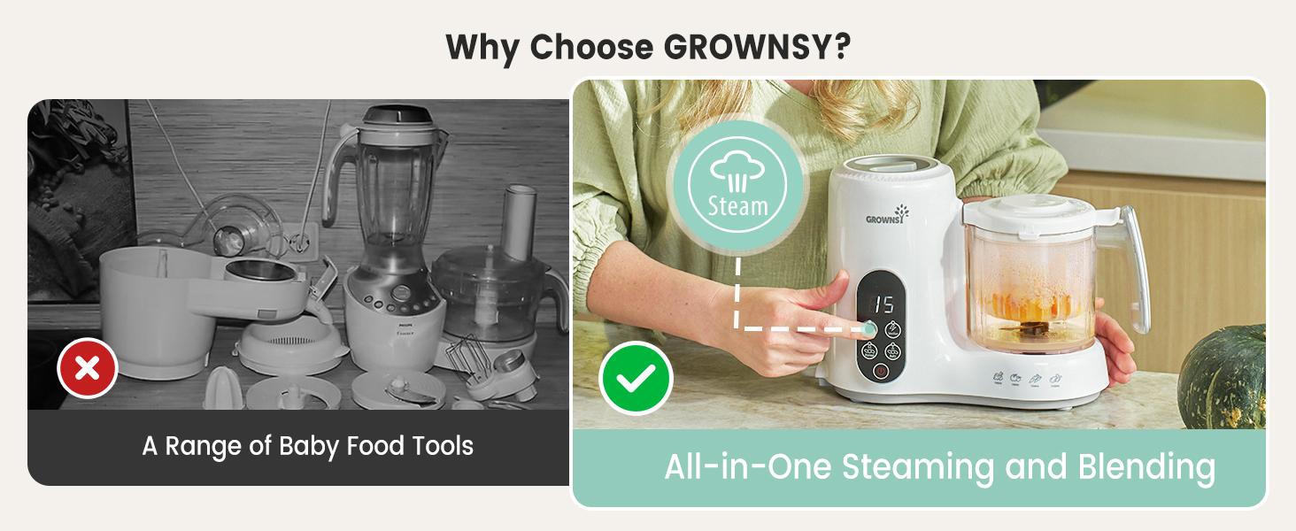 Grownsy Baby Food Maker with Steam Basket, One Step Baby Food Processor Steamer Puree Blender Grinder Mills Machine, Auto Cooking Grinding and Sterili-zing, 2025 New Product