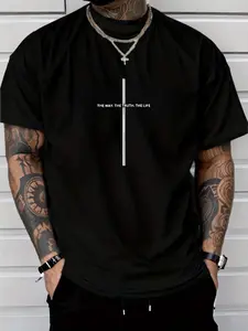 [Short Sleeve] 100% Polyester Men's Truth & Lettering T-Shirt - Lightweight Round Neck Casual Tee, Comfortable Gift Apparel