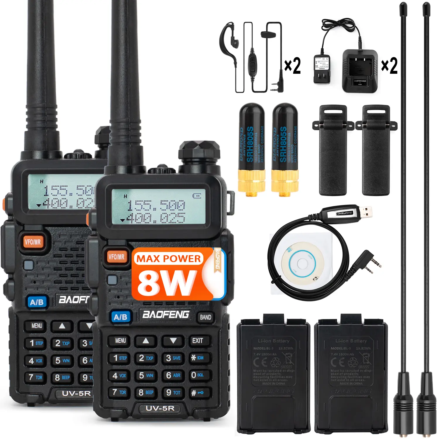 BAOFENG UV-5R Ham Radio Handheld  (VHF & UHF) BAOFENG Radio with High Gain Antenna and Programming Cable (2Pack)
