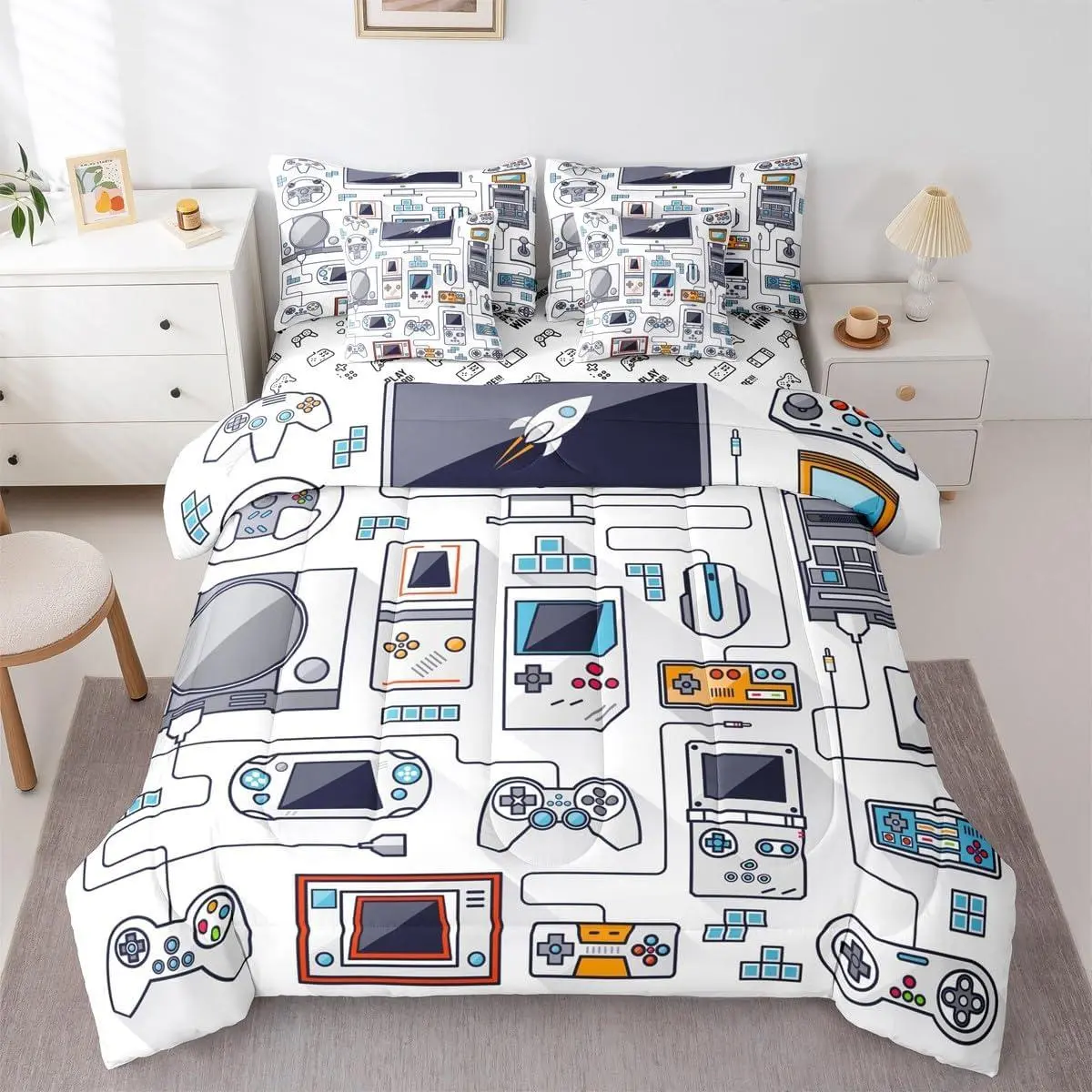 Games Bedding Set,7 Piece Bed in A Bag for Boys Teen | Modern Gamer Comforter,1 Gaming Fitted Sheet,1 Gamepad Flat Sheet,2 Pillow Cases,2 Throw Pillow Covers