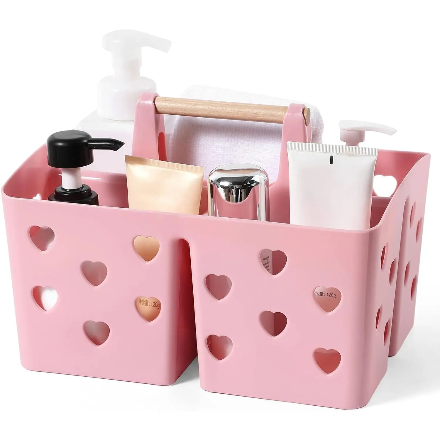 F-SBB46 Portable Plastic Multi-Compartment Shower Caddy Organiser - Hollow Storage Bin with Handle, 2-Piece Modern Woody Heart-Shaped Toiletries Basket for Daily Life, College Dorm Use (Pink)