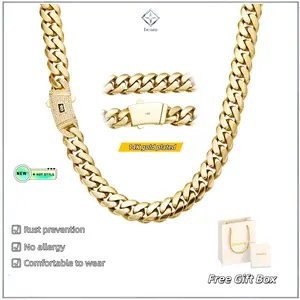 【New upgraded】14k gold-plated Miami Cuban necklace with stainless steel and diamond-encrusted clasp. Featuring a new electroplating process, this hip-hop style necklace is unisex and available in widths of 6/8/10/12/14mm and lengths from 16to30 inches.