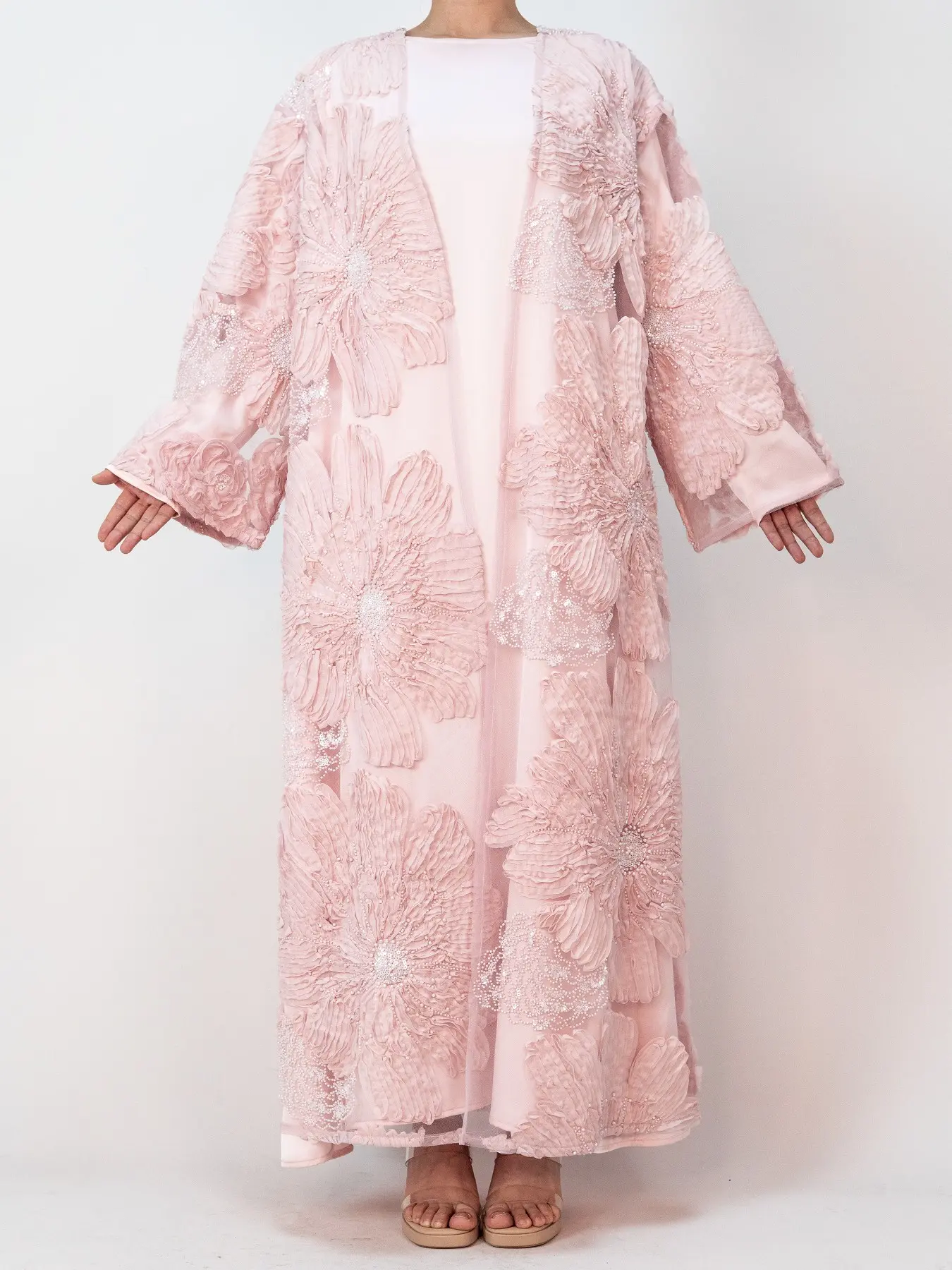 Women's 2-Piece Big Floral Beaded Embellished Open Abaya and Satin Inner Dress Set, Fashionable for Spring & Fall