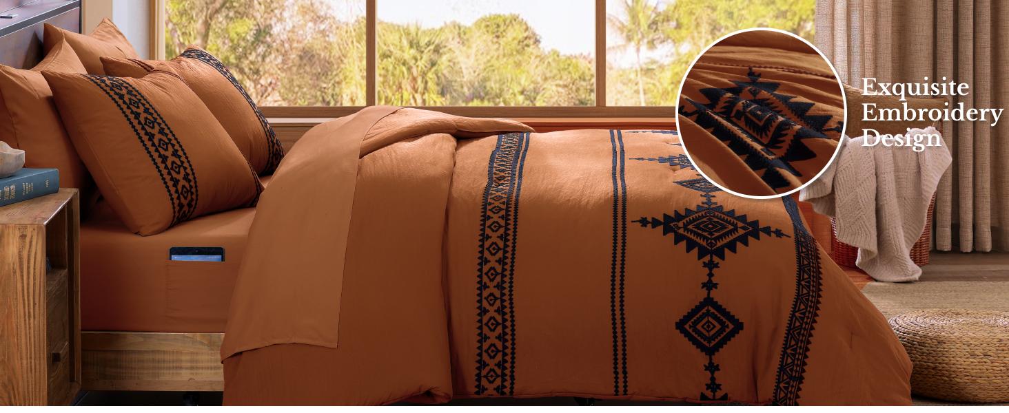 【FallPickDeals】MaiRêve Embroidery microfiber Comforter Sets,boho Light Western queen bedding Set king Boho bed 7 Pieces,All Season Farmhouse Bed in A Bag Comforter Set with Double Sided Storage Pockets,Pillowcases & Shams bedding sets bed,sohochic