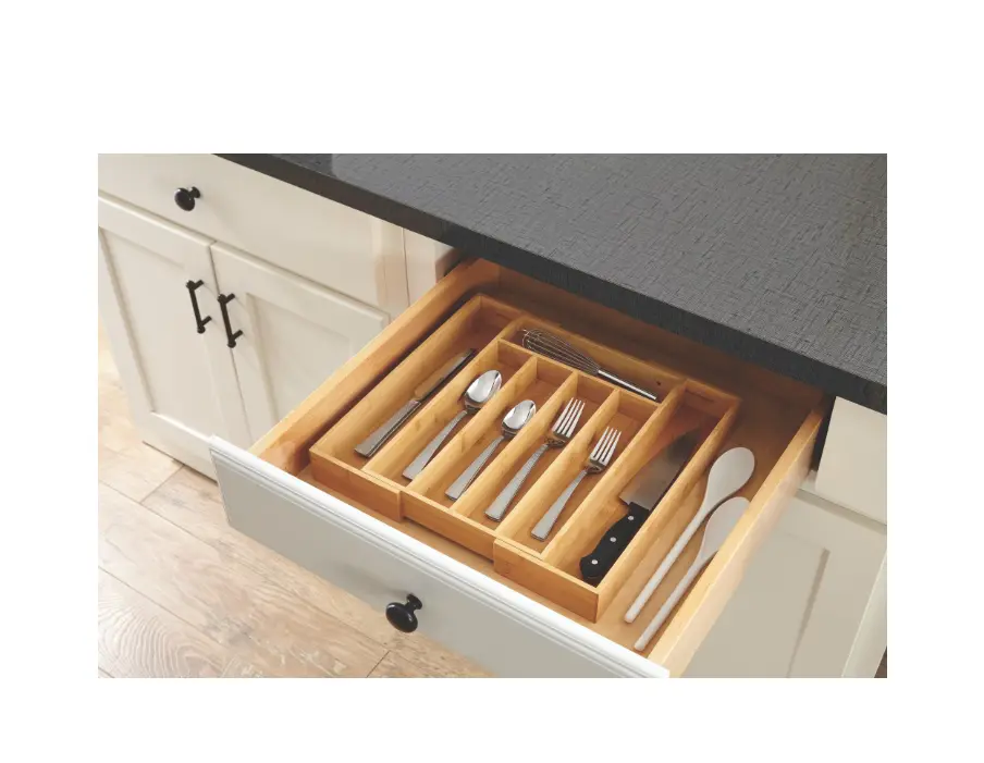 Natural Bamboo Expandable Silverware Organizer Adjustable Utensil Tray Eco-Friendly Kitchen Storage 13.98 x 10.04–15.35 x 1.97 Inches