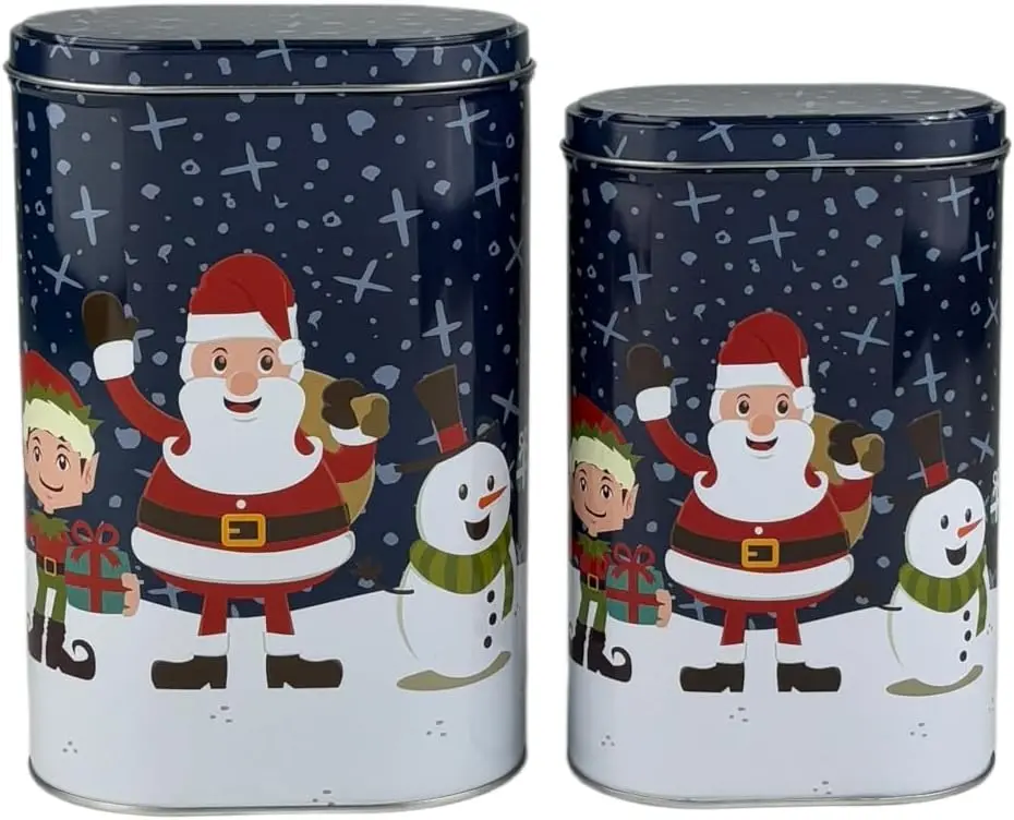 Decorative Snowflake Christmas Oval Metal Nesting Tin Cans with Lids, 2-Piece Kitchen Preserving Containers Set, Large & Small for Cookies, Candy, Gift