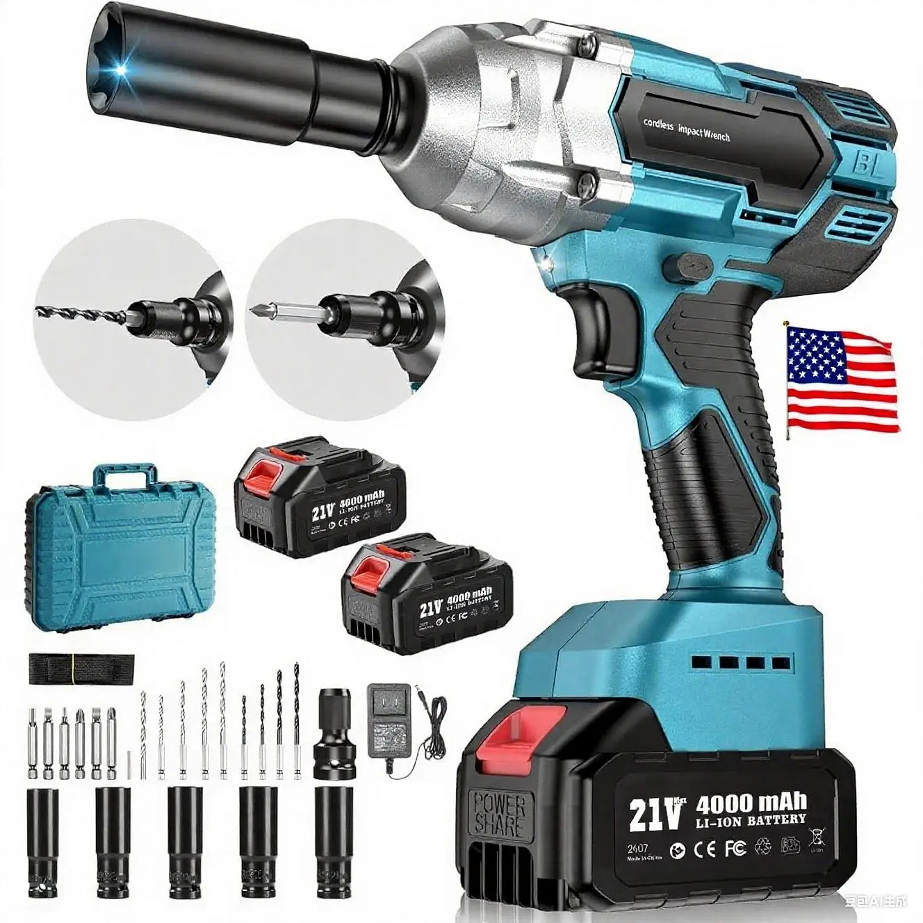 Professional 12 Inch Cordless Impact Wrench High Torque 3 in 1 Impact Gun with 2x 4000mAh Batteries Charger 5 Sockets 8 Drills 10 Screws Tool Case for Car Lug Nuts Repair