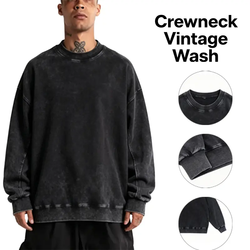 Retro acid-wash crewneck sweatshirt, loose Y2K millennium silhouette, high-stretch thickened ribbed collar/cuffs/hem, washed fade vintage texture, unisex in five colors wardrobe winter fall clothes male clothing casual fashion trendy outerwear