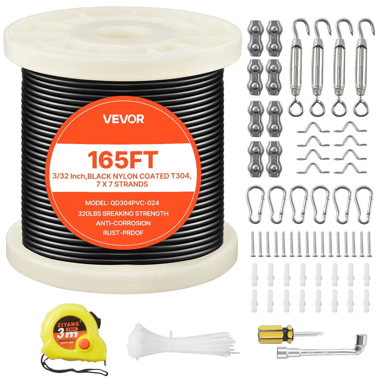 【Summerfinds】VEVOR 3/32 Inch Steel Wire Braided Rope Kit165 ft 304 Stainless Steel Cable450 lbs Breaking Strength7x7 Strandsfor Deck Railing SystemGarden Trellis, Flexible Braided Ropes, High Tenacity Ropes