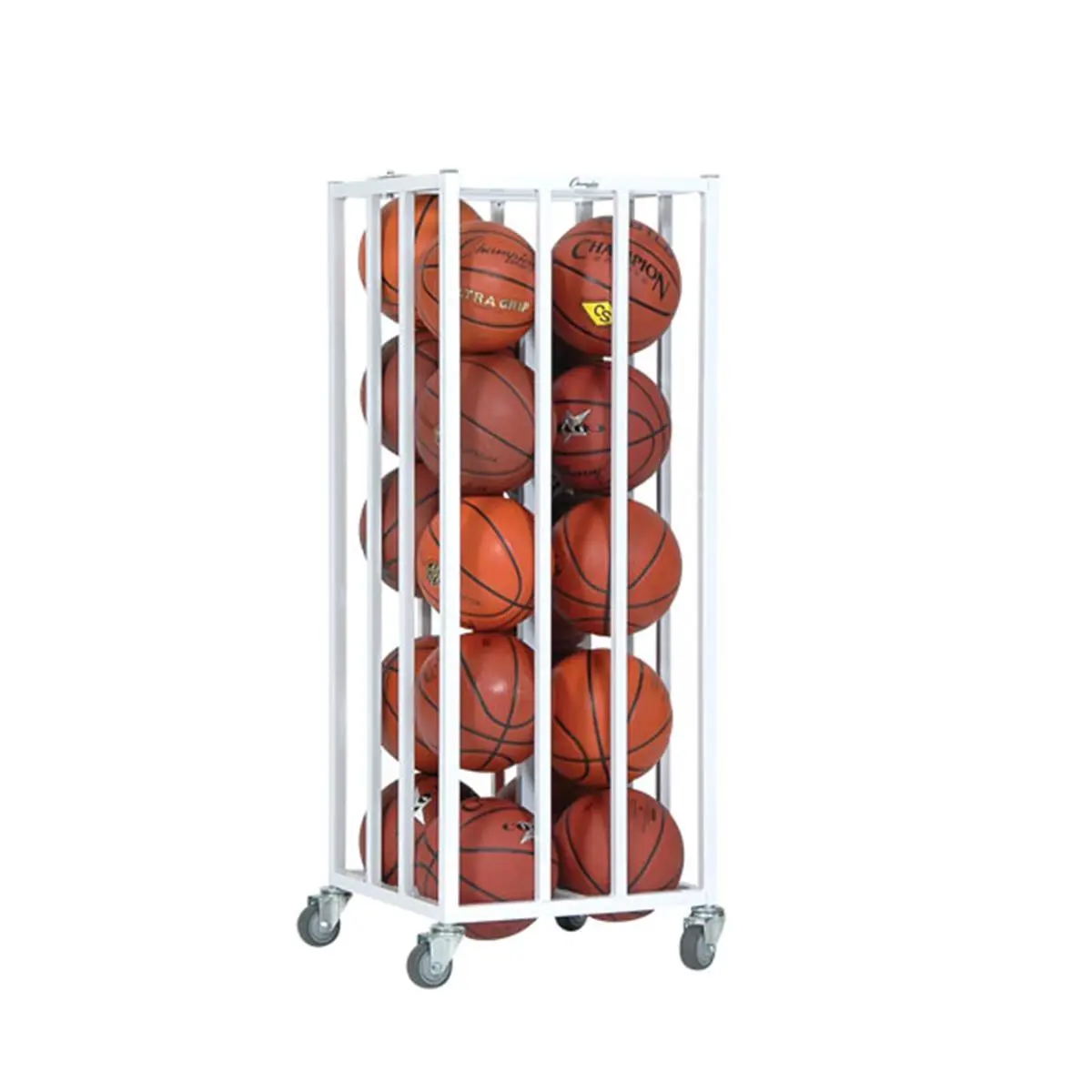 CHAMPION White Vertical Ball Cage, Powder-Coated Steel Storage Racks for 20 Basketballs with Lockable Lid & Heavy-Duty Casters, Portable, 20" L X 20" W X 48" H