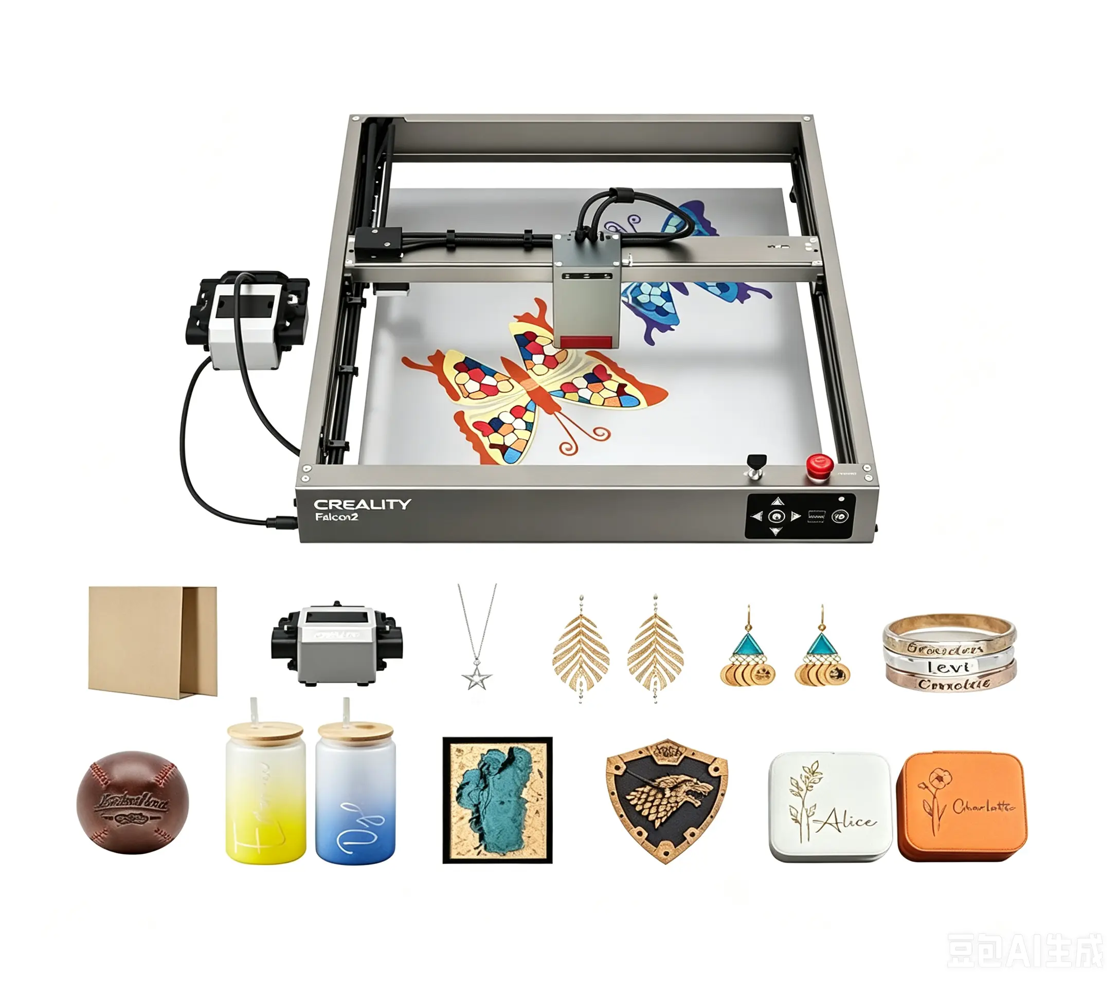Creality Falcon2 40W Laser Engraver and Cutter, 40W Diode Laser, 25000 mm/min, 20mm Cork / 0.15mm SS Cut, Mirror Stainless, Ceramics & Opaque Glass, LightBurn & LaserGRBL Compatible