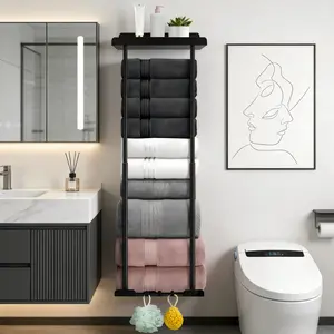 30 Inch Retractable Black Bathroom Towel Rack with Shelf, Wall Mounted Towel Holder with 3 Hooks, Sturdy Metal Towel Storage Organizer for Roll Towels