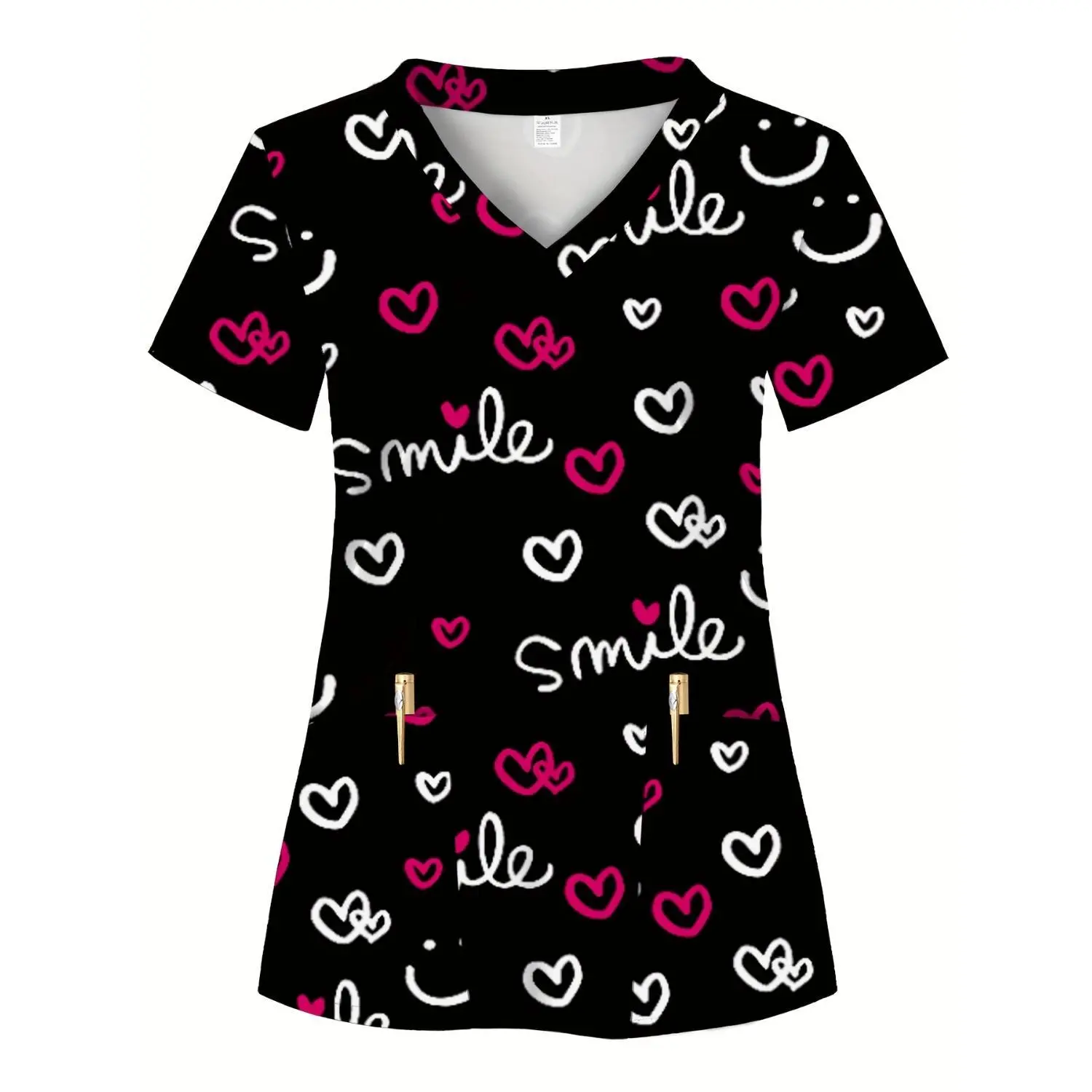 Women's All-Over Smile Print Scrub Top with Two Pockets, Comfortable Breathable Nursing Uniform for Hospitals, Dental Clinics, Beauty Salons & Healthcare Professionals