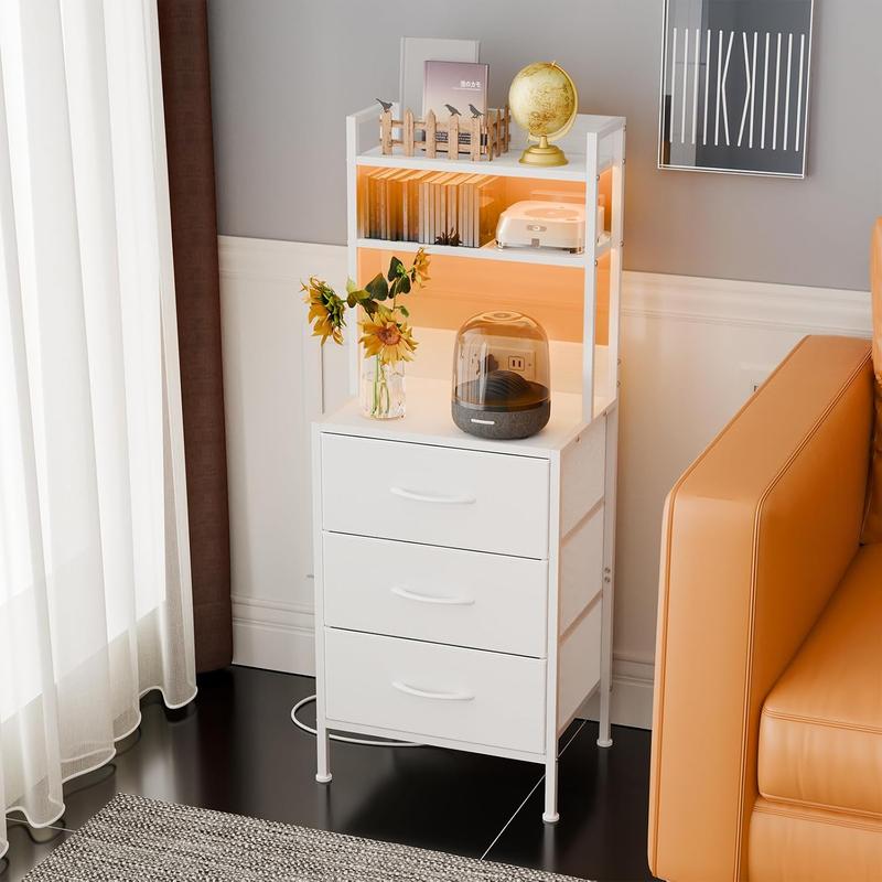 Tall Nightstand with Charging Station, 41 Inch Led Night Stand with U-S-B Port & Socket, 3 PU Finished Fabric Storage Drawers, Office, Bed Side Table & Bookshelf in One, White Tall Nightstand with Charging Station, 41 Inch Led Night Stand with U-S-B Port & Socket, 3 PU Finished Fabric Storage Drawers, Office, Bed Side Table & Bookshelf in One, White