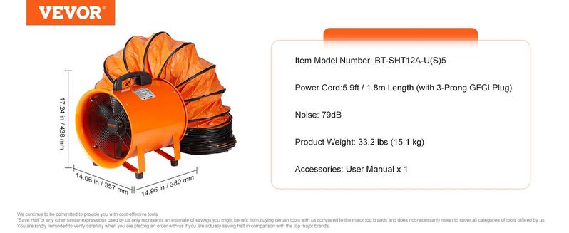 VEVOR Portable Ventilator, TikTokShopBlackFriday, 12 inch Heavy Duty Cylinder Fan with 16.4ft Duct Hose, 585W Strong Shop Exhaust Blower 3198CFM, Industrial Blower for Sucking Dust, Smoke, Smoke Home/Workplace，Low Noise