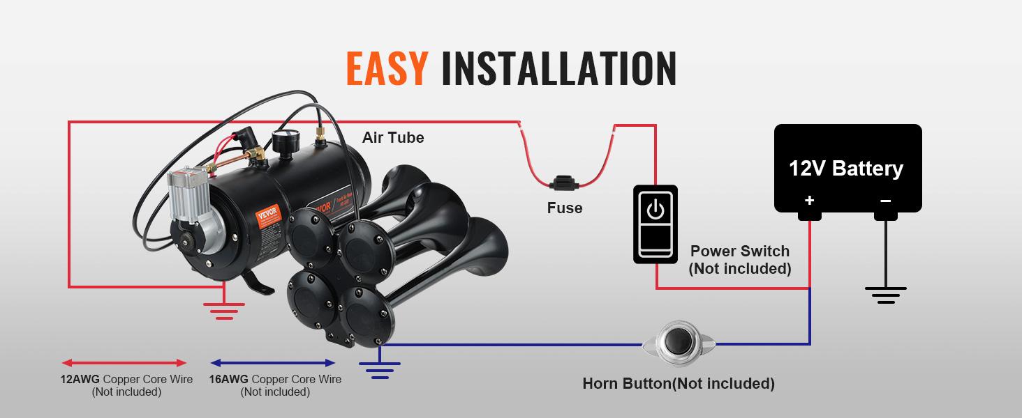 VEVOR Train Horns Kit, TikTokShopBlackFriday, 4 Trumpet Air Horn Kit, 150dB Train Horns for Pickup Trucks, 12V 120 psi Air Compressor 0.8 Gal/3 L Tank with Gauge for Any 12V Vehicle Car Truck Train Van Boat Power Sound Accessory VEVOR Super Brand Day