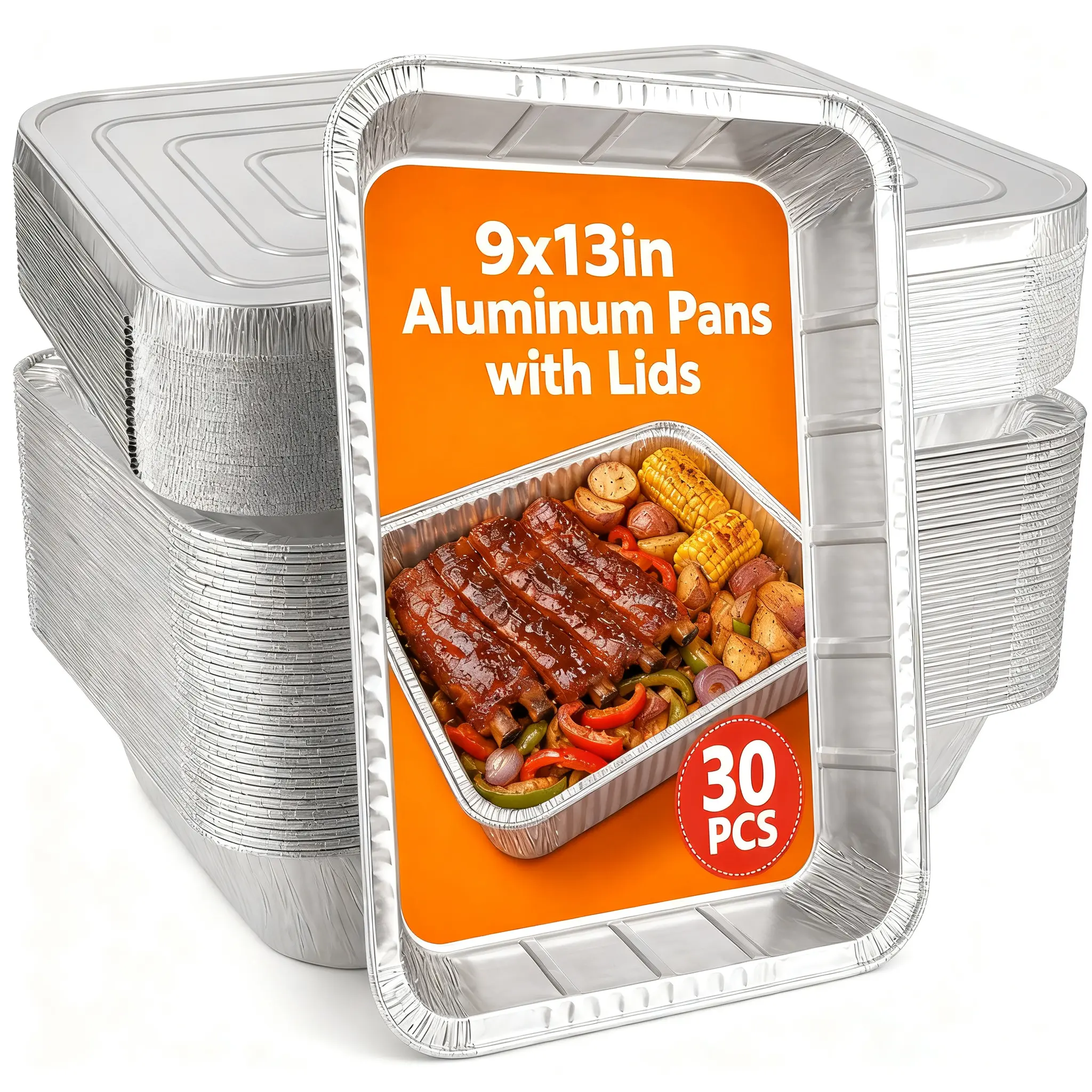 9x13 Large Rectangular Disposable Aluminum Foil Trays with Anti-Leak Lids, 30-Pack Extra Thick Heavy Duty Reinforced Food Grade Disposable Cookware, Wide Temp Safe for Oven, BBQ Parties, Rectangular Tray