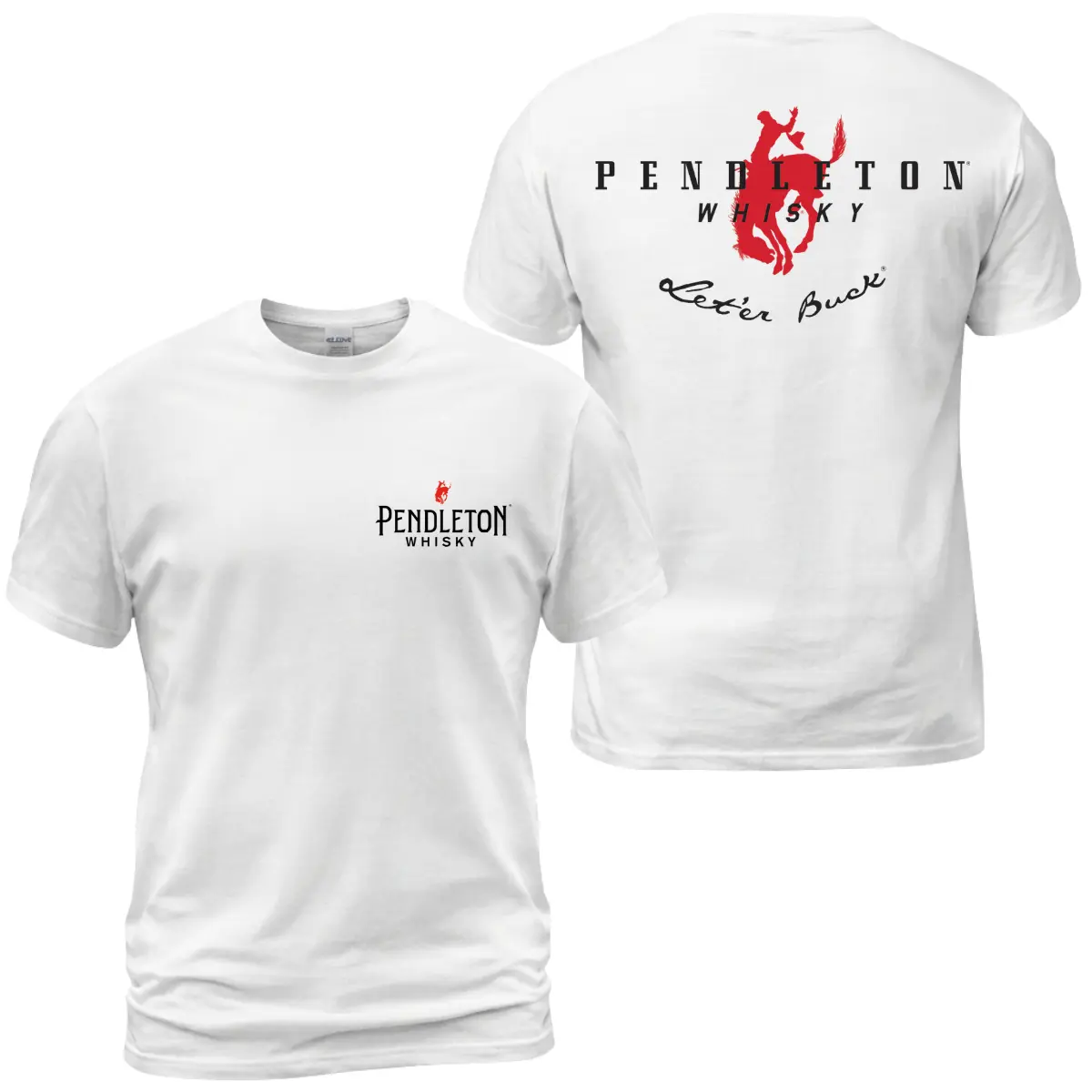 Pendleton Whisky Let’er Buck Rodeo T-Shirt, Western Bull Rider Graphic Tee With Back Print, Front Chest Pendleton Logo Shirt, Cowboy Rodeo Lifestyle Apparel for Men and Women